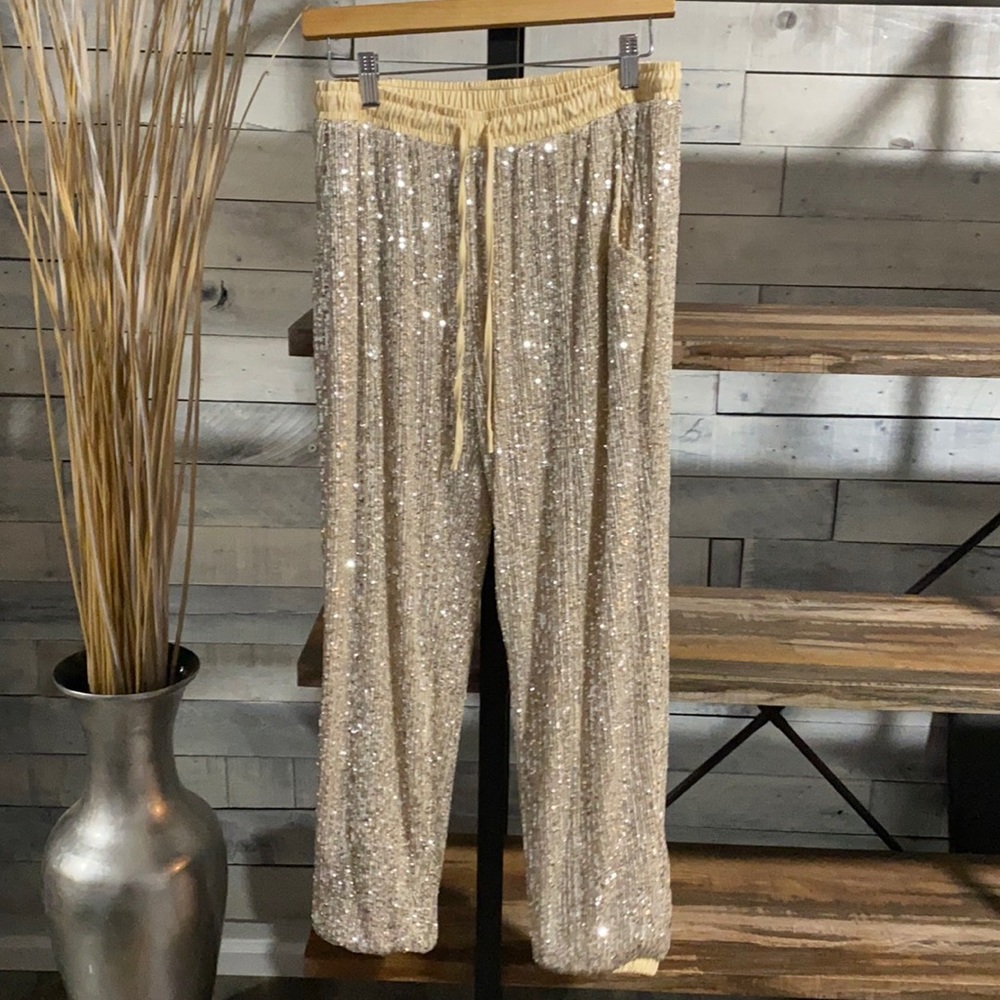 Tan sequin New Years pants